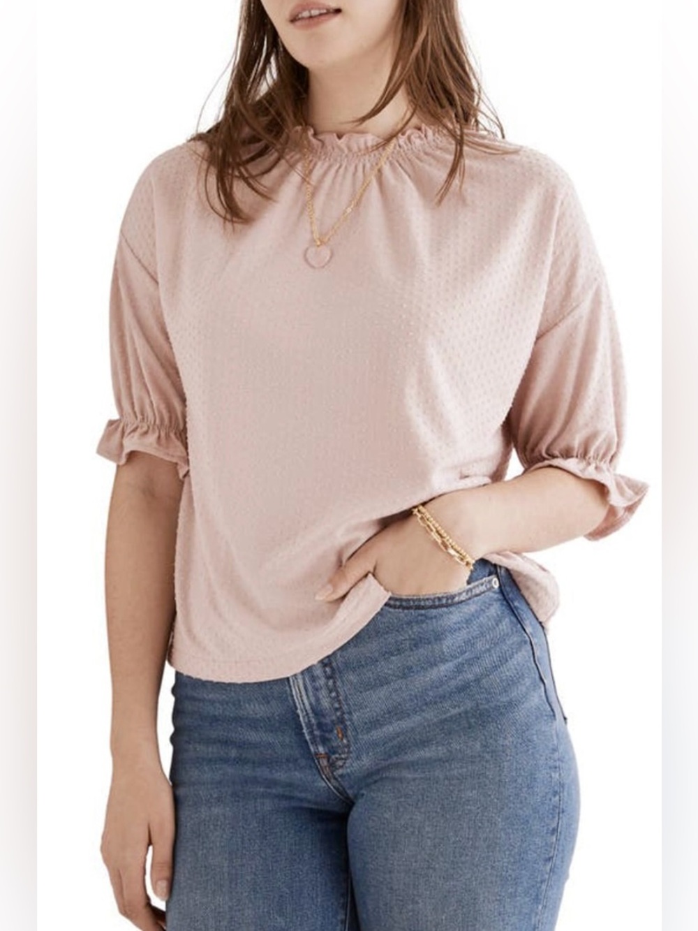 Madewell Texture & Thread Clipdot Ruffle Blouse in Wisteria Dove Pink | XL